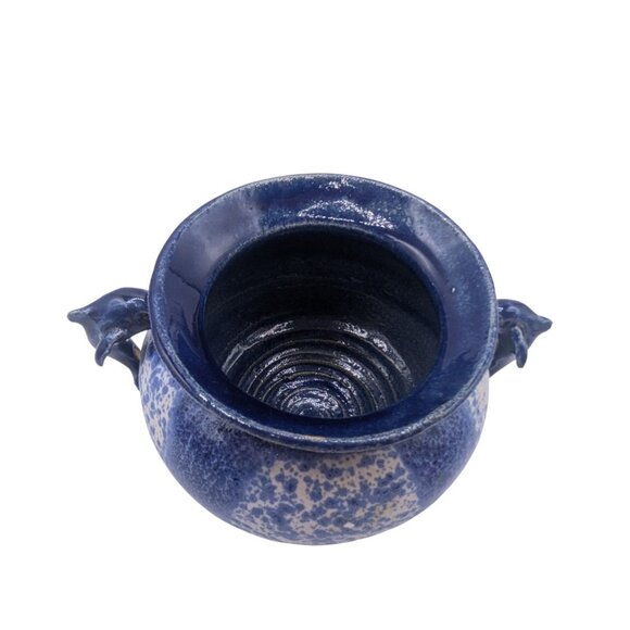 Studio Pottery Blue Speckled Ceramic Pot With Dolphin Handles Signed Base 5" X 6 - Picture 10 of 10